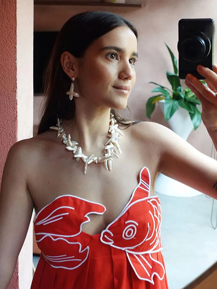 Summer Chic Red Fish Top Party Maxi Dress For Women Sexy Sling High Waist Ceremony Robe 2024 Holiday Lady Street Vestidos 240815