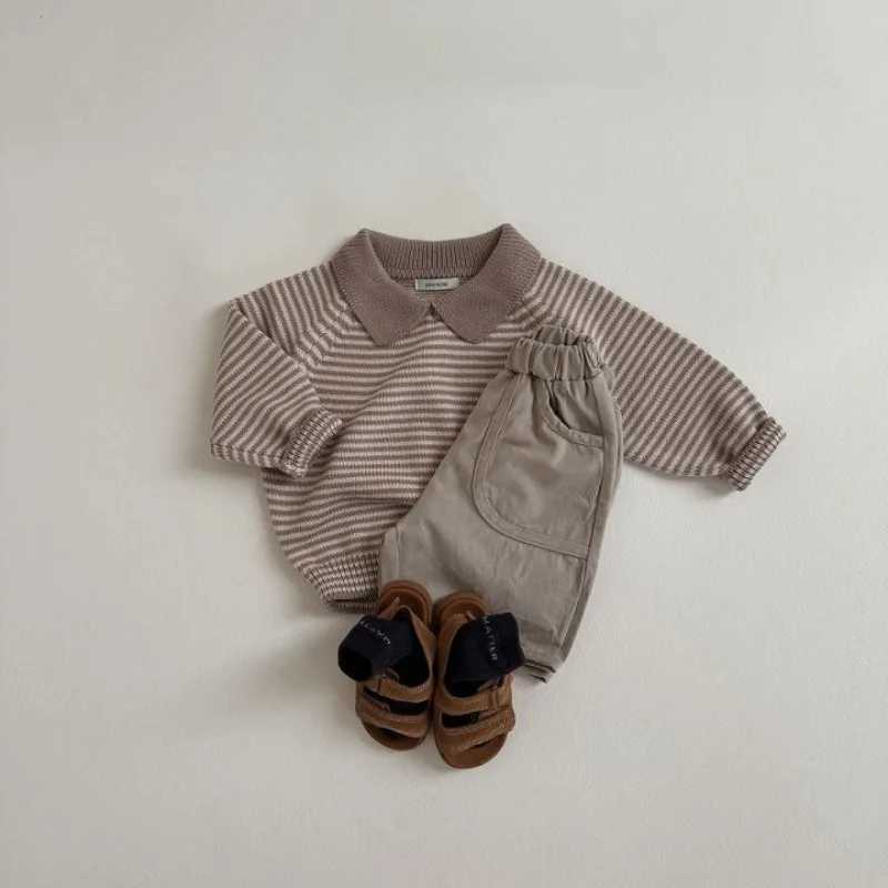 Childrens striped sweater autumn lapel pullover sweater boys and girls cotton loose top baby soft knit dressW240824
