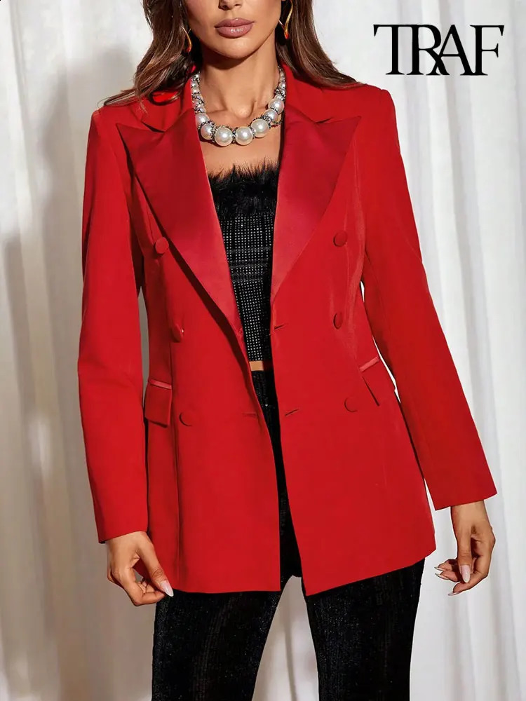 TRAF-Patchwork Blazer Coat for Women Long Sleeve Double Breasted Female Outerwear Chic Tops Fashion 240826