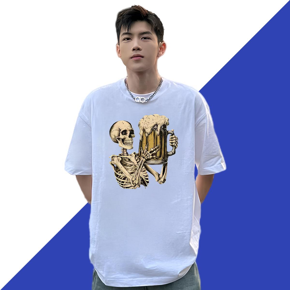 Classic T Shirts Men 230g Cotton skull Home Outdoor Black White Crew Neck Men Clothes T-Shirt Fashion Designer Tops Shirt