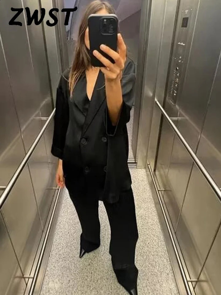 Elegant Double Breasted Blazer Suit Women Satin Turndown Collar Long Sleeve Trousers Sets Female Summer Fashion Lady Set 240826