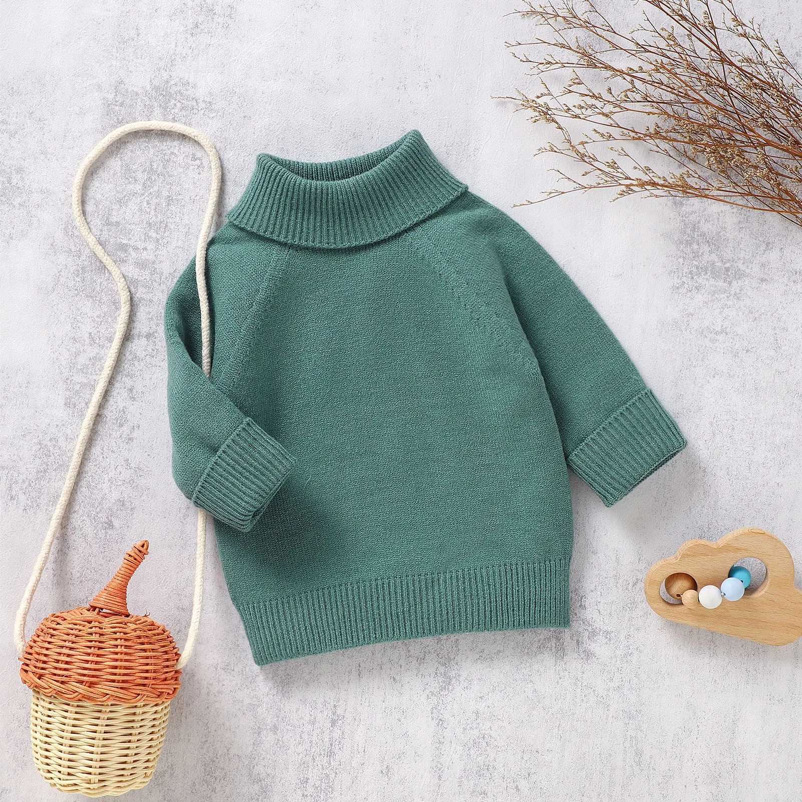 Baby sweater casual boys and girls solid knit cable turtle neck soft and warm baby high neck childrens pullerW240824