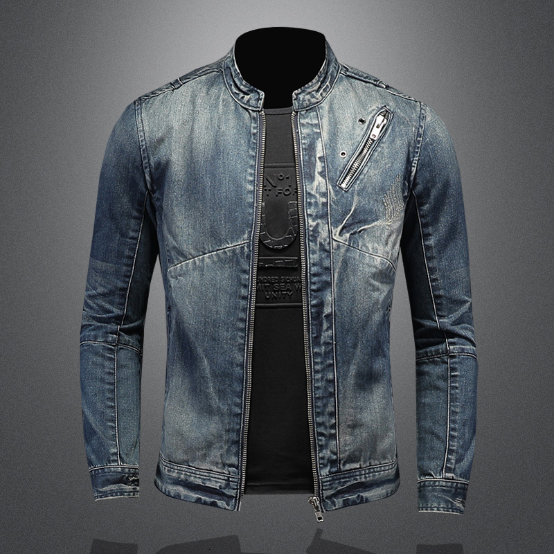 Spring mens retro denim jacket fashion ultrathin set motorcycle jeans solid color cotton 240824