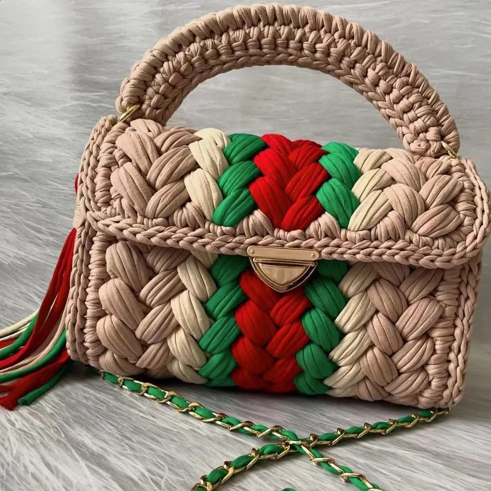 3 Womens Purses Fabric Woven Summer Bright Color Splicing Chain Tassel Pure Handmade Crochet Bag er Handbag 240826 4
