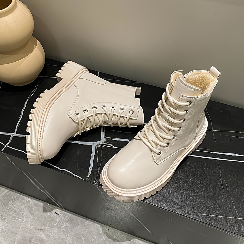 Women's Chic Fluffy Combat Martin Ankle Boots Round Toe Warm Lined, Mid Heel with Non-Slip Sole for Winter Snow boots