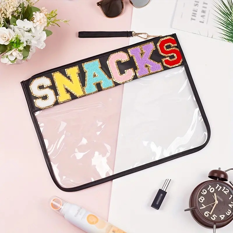 Snack storage bag Transparent pvc zipper bag embroidered alphabet hand makeup bag Portable PU waterproof toiletry bag