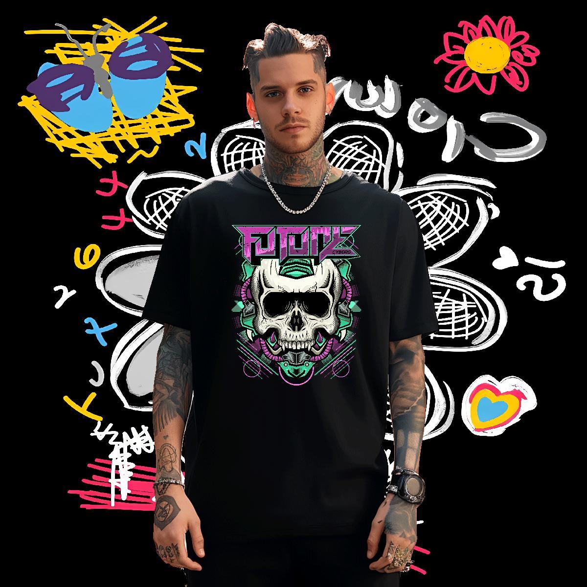 Comfortable T Shirts Men 230g 100% Cotton skull High Street Hip Hop Black White Crew Neck Breathable Couples T Shirts 2024 Designer Tee Shirt