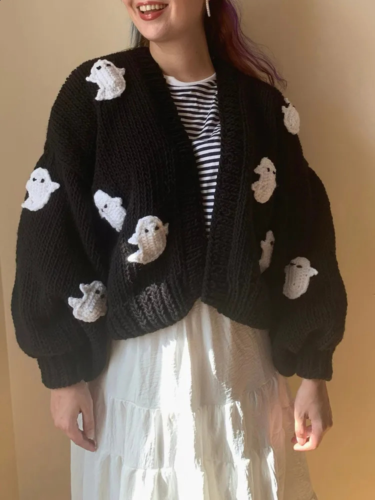 Yangelo Gothic Halloween Ghost Embroidered Loose Sweater Womens Autumn Warm Kavay Long Sleeve Open Knitted Wool 240826