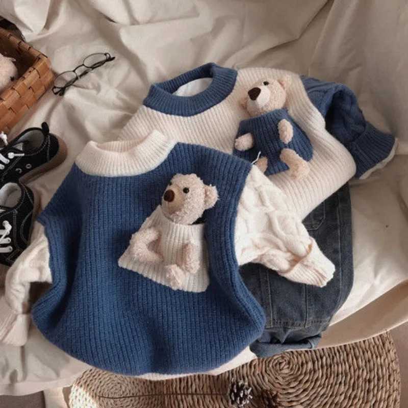 Childrens winter thick sweater baby Korean contrasting plush knitted shirt suitable for boys and girls wearing round neck underwearW240824