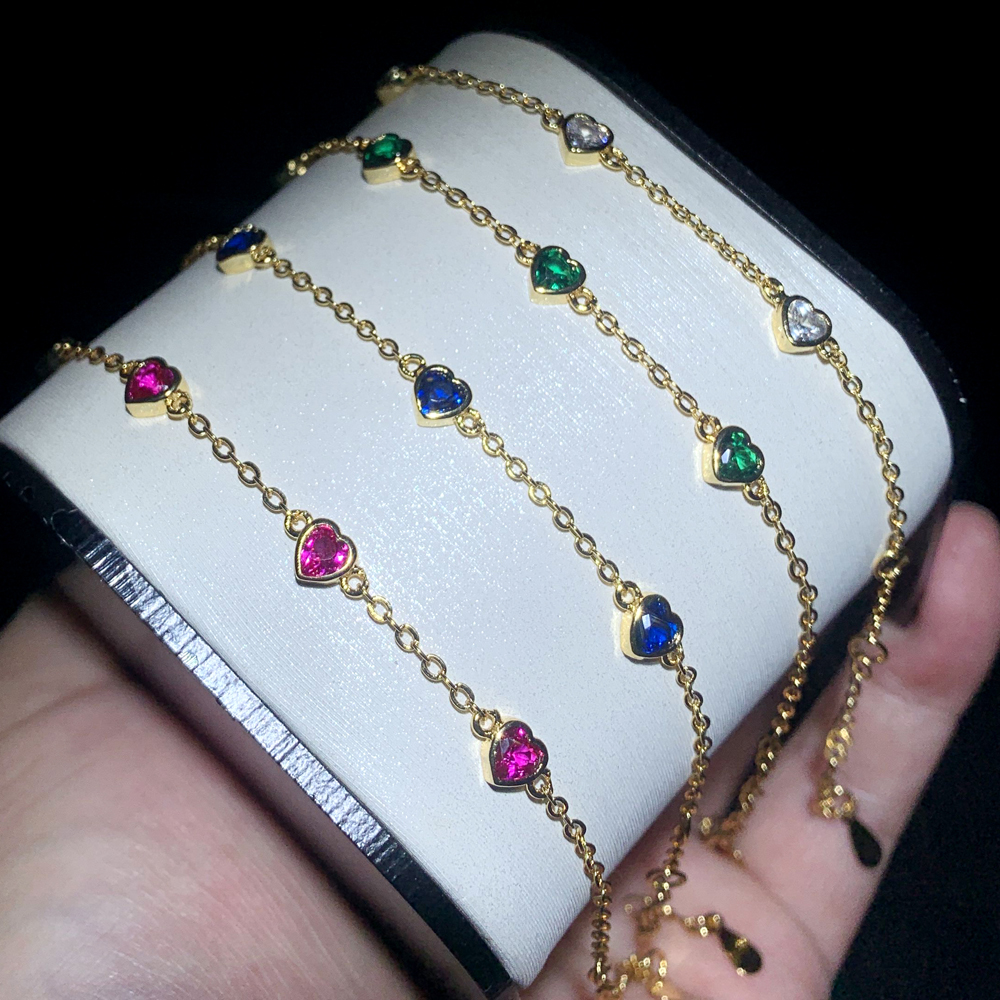 High Quality Red Green Blue White Cubic Zirconia Paved Heart Charm Bg CZ Tennis Chain Colorful Jewelry for Women