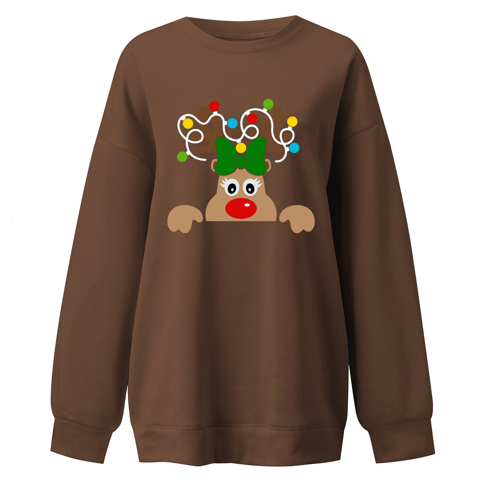 Elk Pattern Printed Women's Long Sleeve Large Size Fleece Falling Shoulder Rainbow Christmas Hoodie dongdumaoyi