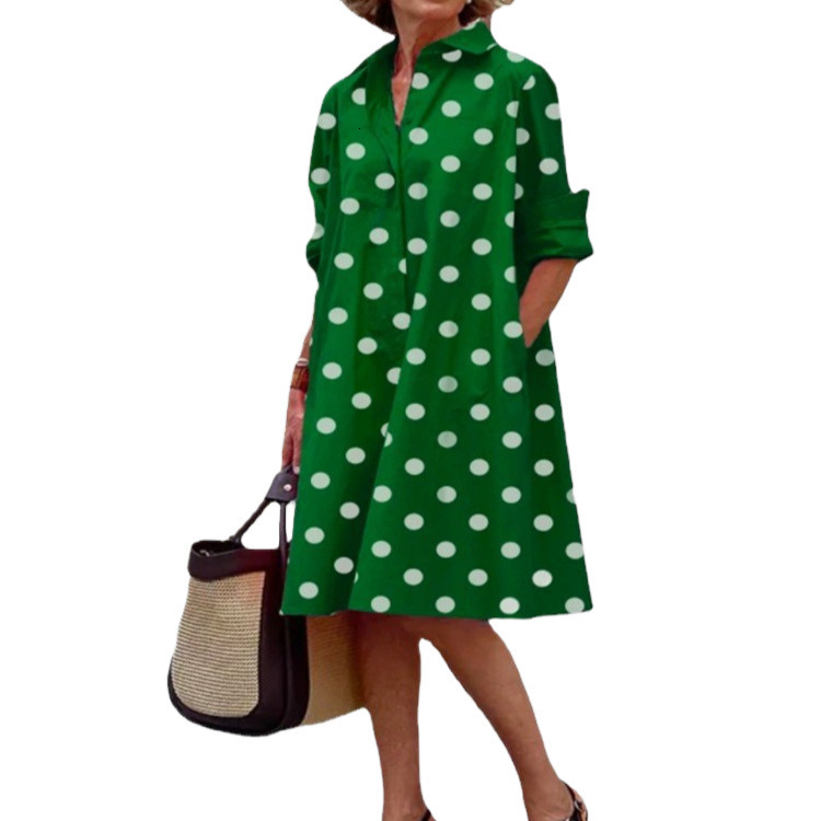 Autumn New Product Fashionable Temperament Wave Dot Printed Shirt Collar Long Sleeve Medium Length Dress