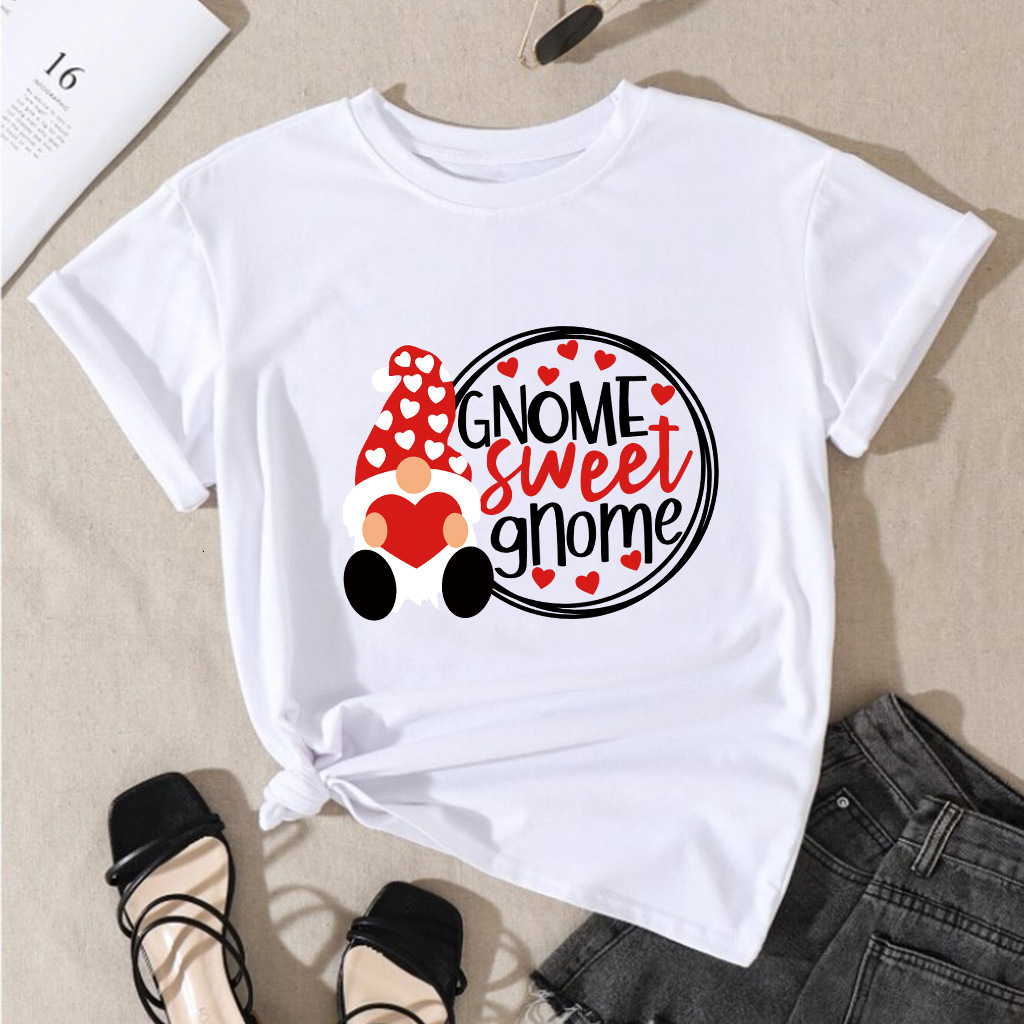 Valentine's Day SWEET GNOME Pattern Printed Loose Headset Short Sleeve Women's T-shirt dongdumaoyi