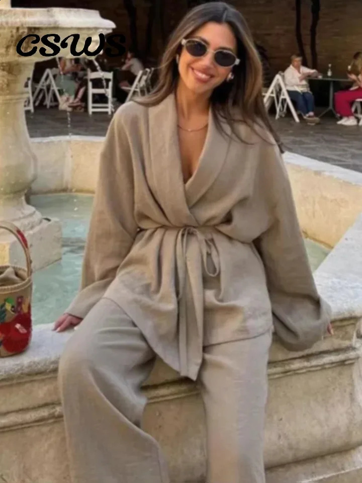 Casual Lace Up Shirt Pants Set Women Solid Lapel Long Sleeve Shirts Chic Female Suit Spring Loose Drawstring Wide Leg Sets 240826