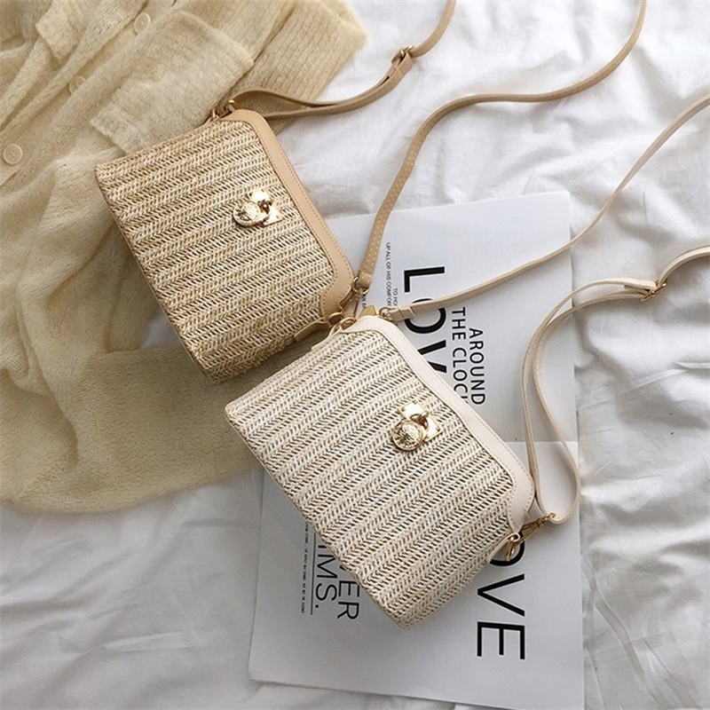 Korean Straw Shoulder Bag Shell Woven Messenger Travel Crossbody Handbags 240824Z
