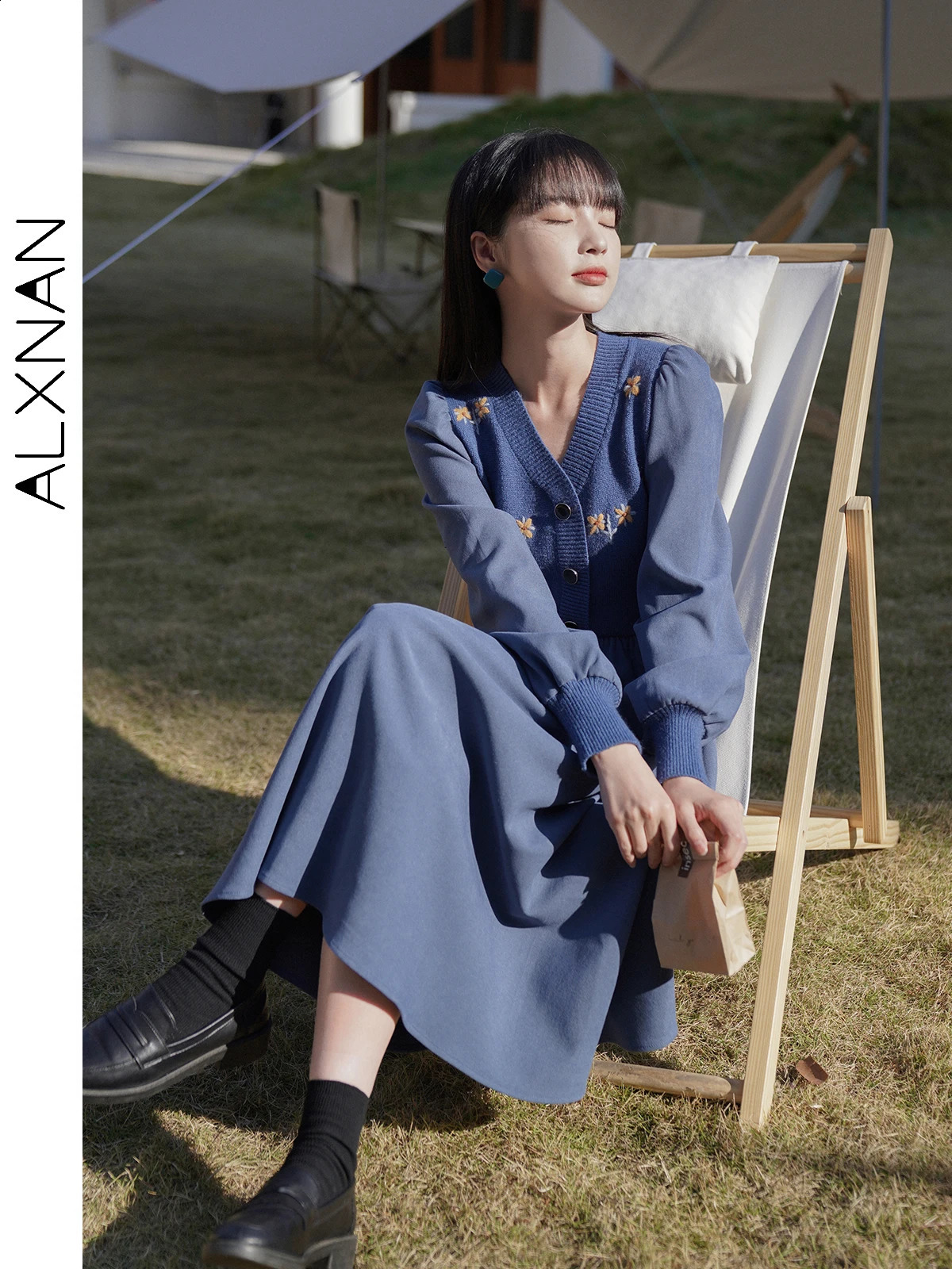 ALXNAN Vneck Almond Aline Dress for Women AutumnWinter French High Waist Long Sleeve Midi LXN2227 240824