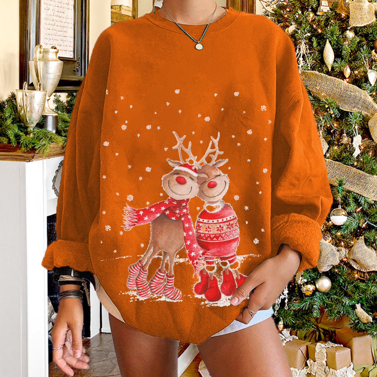 cute reindeer hoodies with printed women's shoulder down, plus size round neck fleece hoodie for women dongdumaoyi