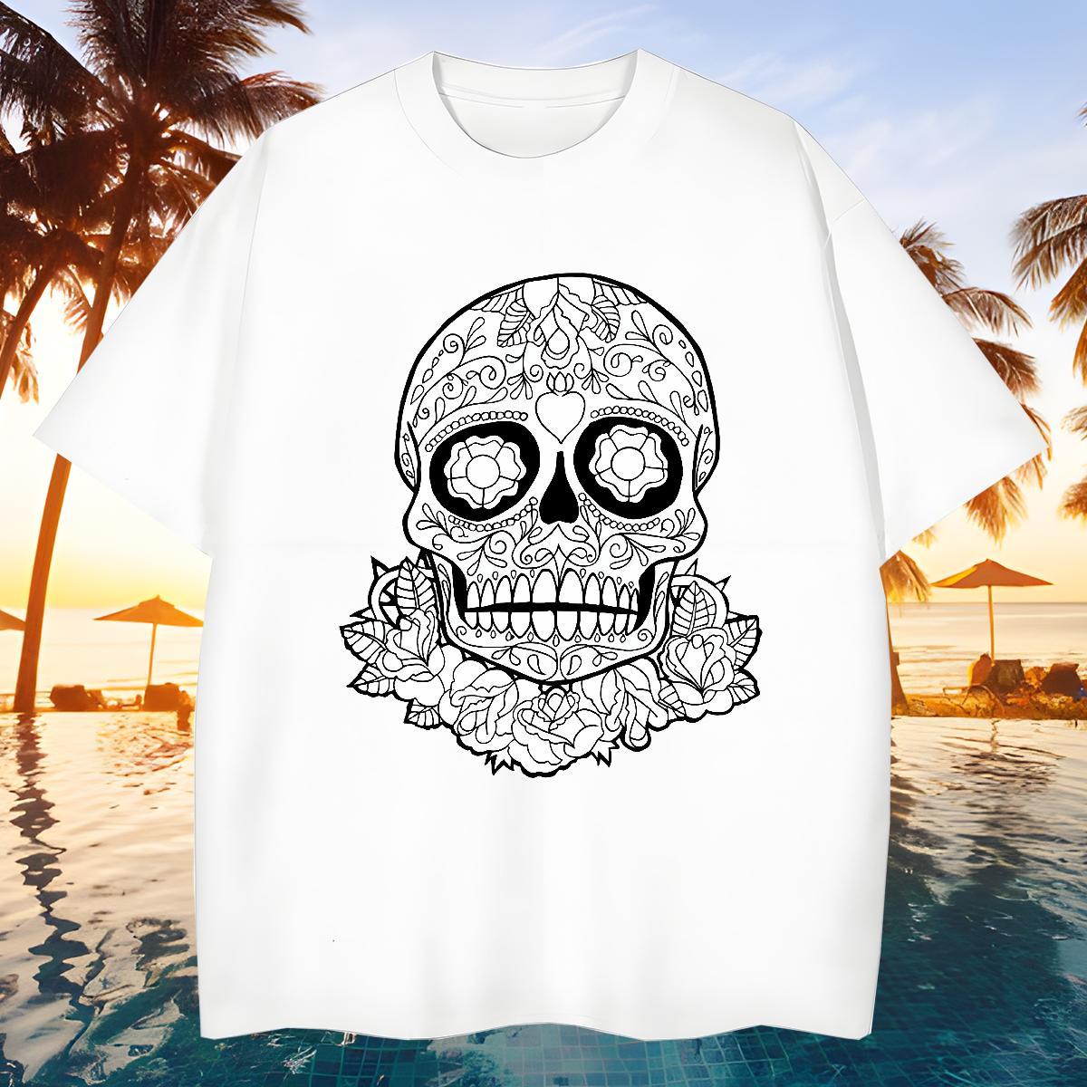 Soft Man T Shirts 230g Pure Cotton skull High Street Hip Hop Graphic Crew Neck Breathable Mens Tshirts 2024 Polos