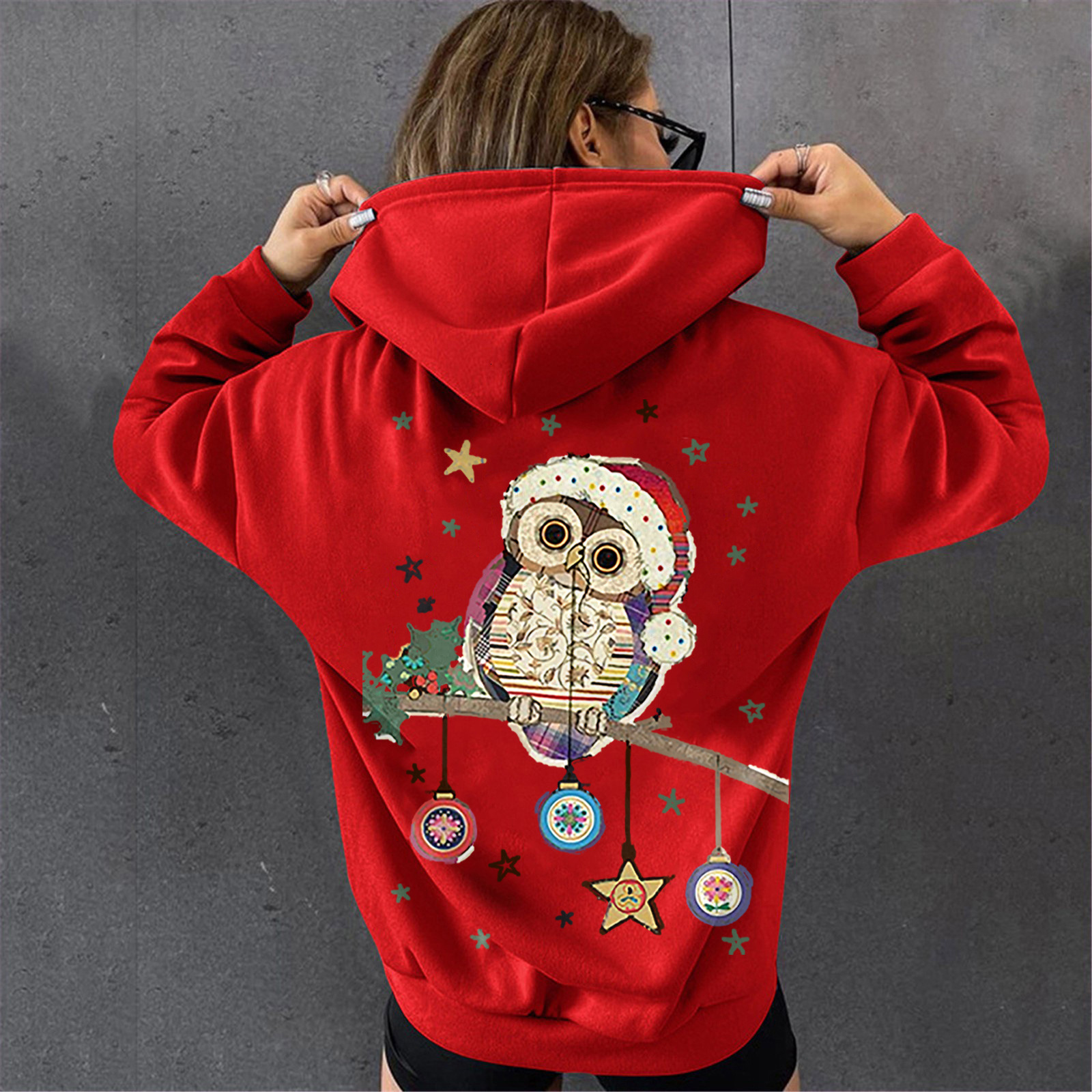 New Christmas hoodie for women with loose fleece hooded sweatshirt and owl print jacket dongdumaoyi