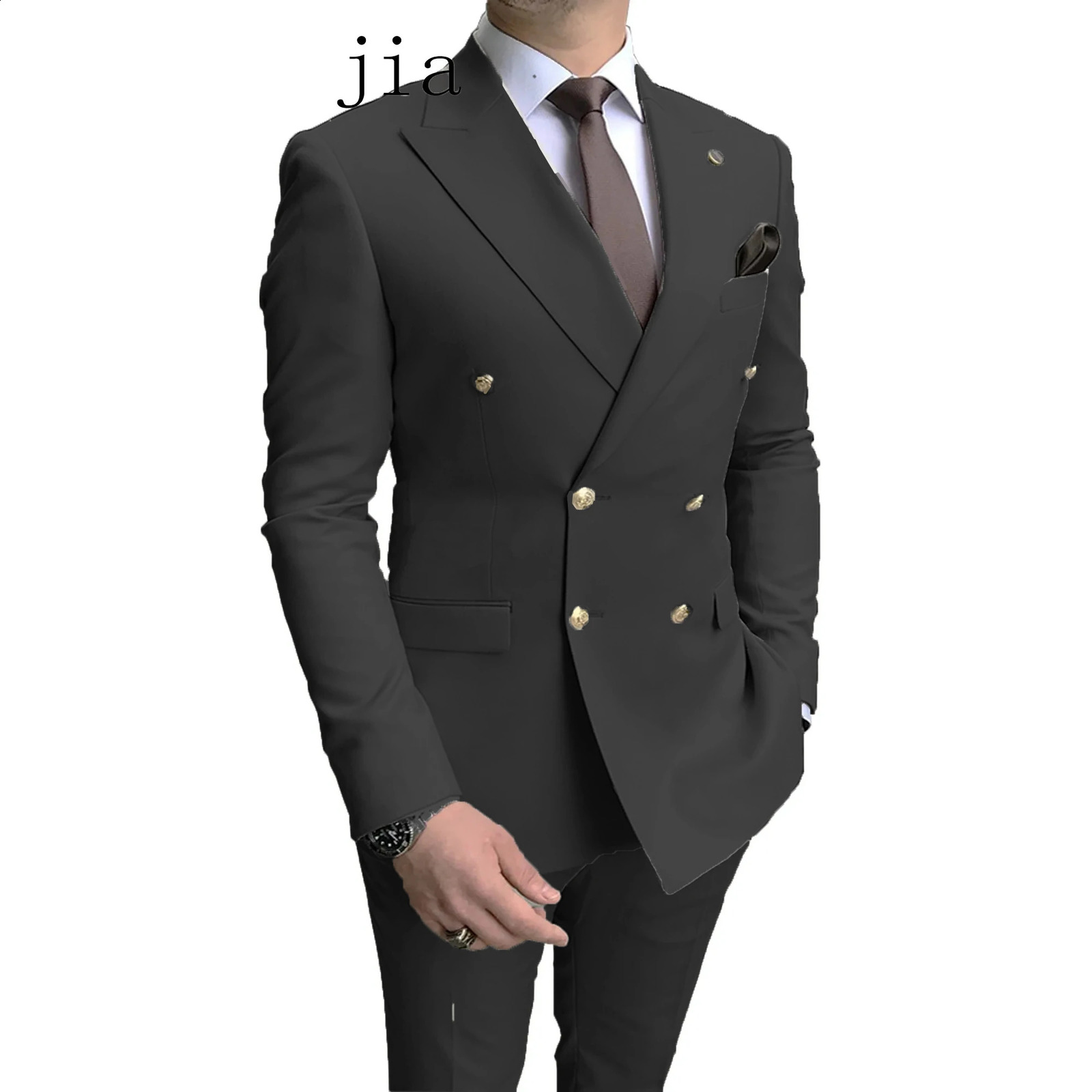 Casual Sky Blue Men Suits Double Brested Lapel Gold Button Groom Wedding Tuxedos 2 Pcs Blazers Jacket Pants Set w240824