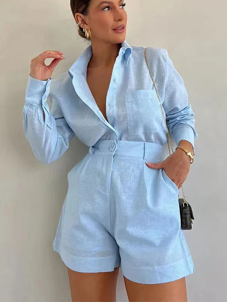 Women White Blue Lapel Button Shirts 2 Pieces Sets Casual Solid Long Sleeve Blouse High Waist Shorts Set Summer Elegant Suit 240826