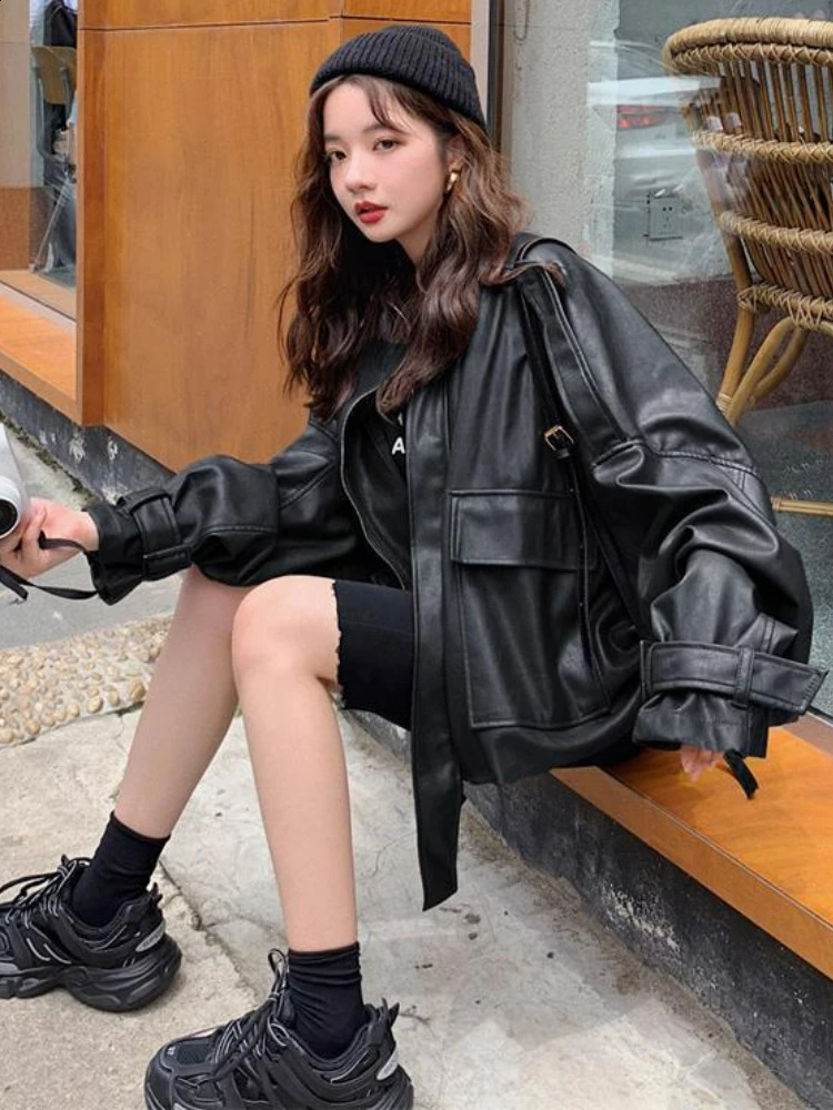 Korean Fashion Outerwear Leather Jacket Women Summer Short Moto Streetwear Faux Loose Coats Autumn Female Trend Chic Tops 240824