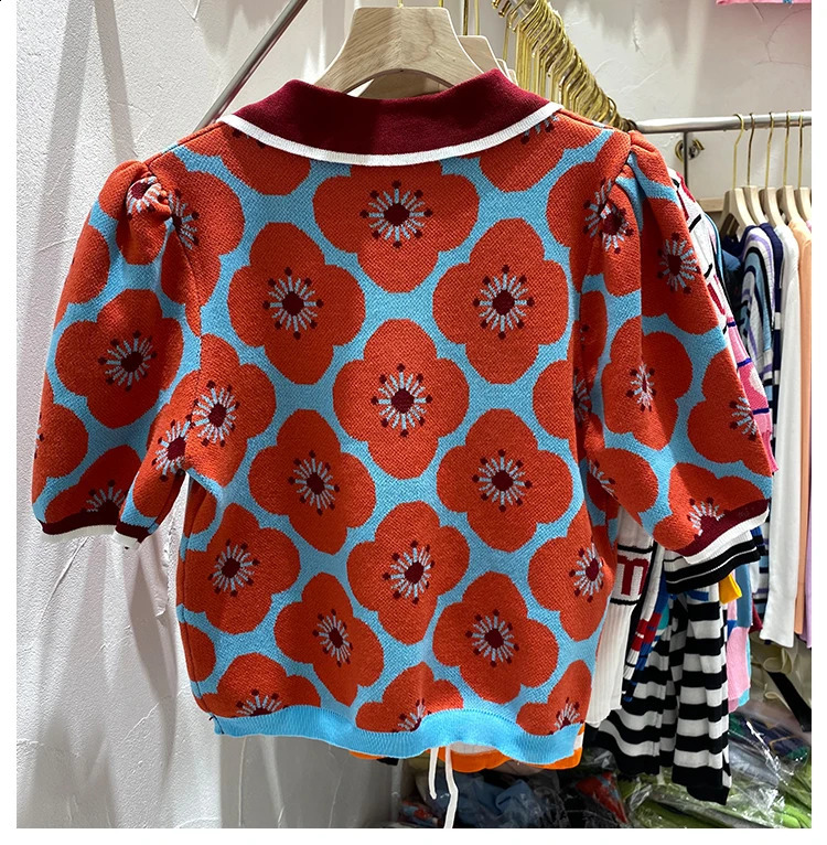 Summer floral womens sweater sweet jacquard short sleeved loose collar knitting fashionable buttons 240826