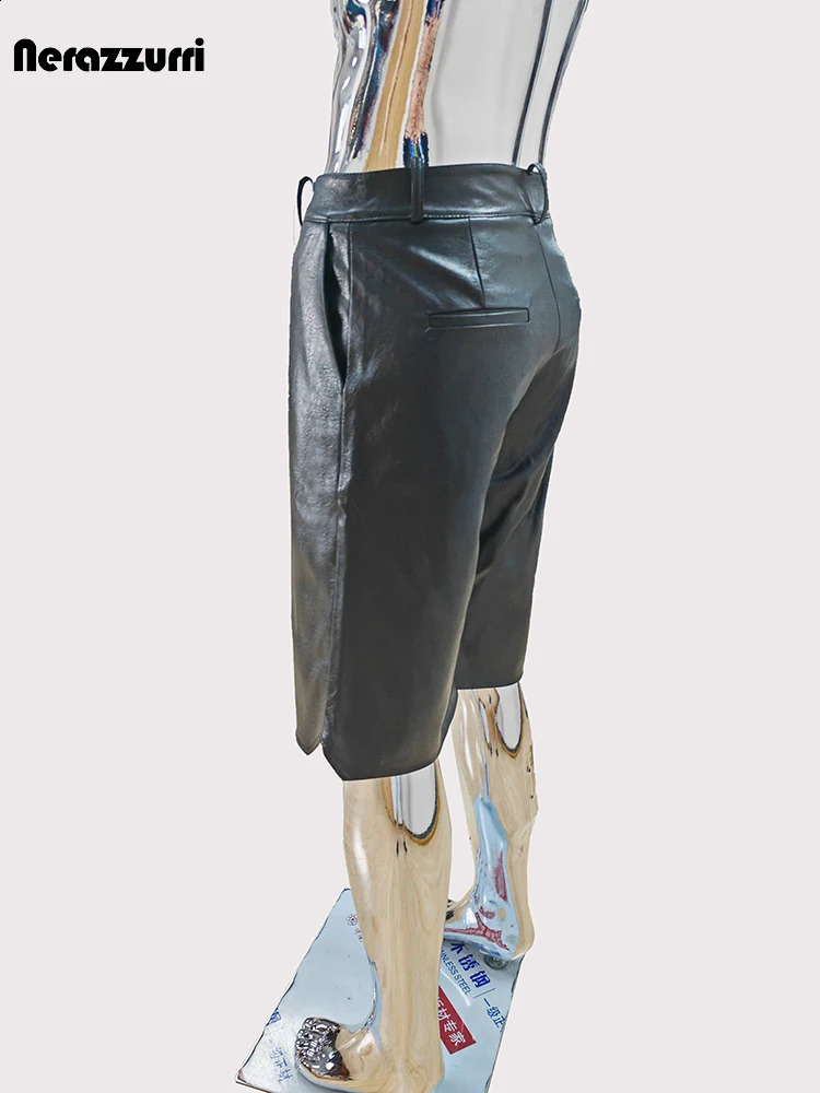 Mauroicardi Summer Autumn Cool Handsome Waterproof Black Pu Leather Shorts for Men High Waist Short Straight Pants Clothes 2024 240824 - view 3