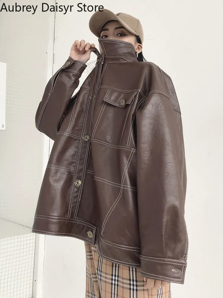 Korean Black Leather Jacket Women Streetwear Harajuku Loose Moto Jacket Women Vintage High Street Punk Outerwear Biker Coat 240824
