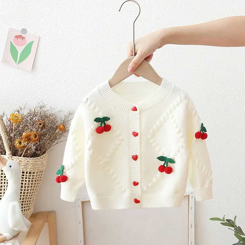 Autumn Little Girl Knit Cardigans 3D Cherry Love Button Kid Girl Open Stitch Coat Loose Solid Long Sleeve Baby Girl Sweater CoatsW240824
