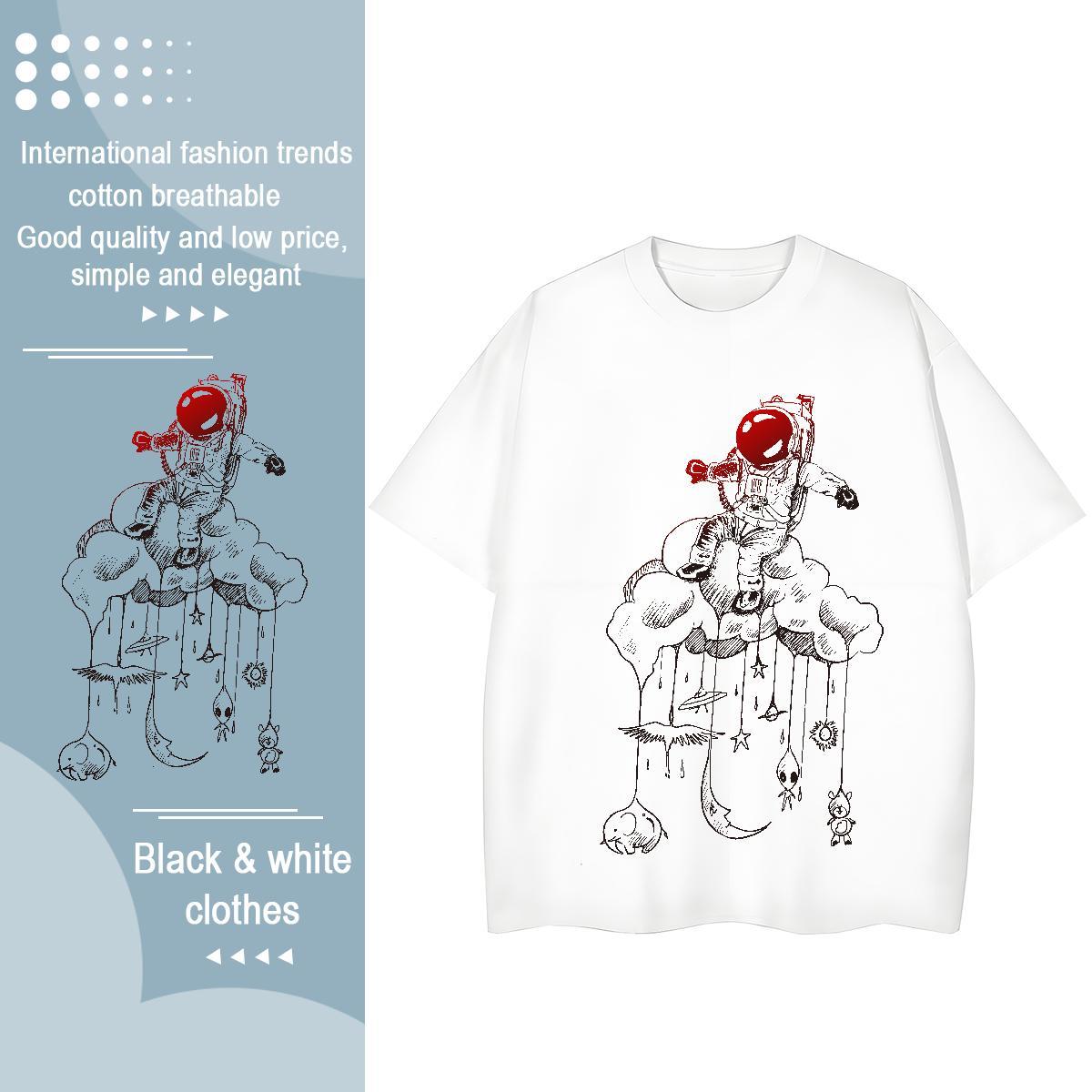 Loose fit Women Tshirts 230g Cotton cosmonaut High Street Hip Hop T-Shirts for Women Breathable Crew Neck Cartoon Printing L-4XL Clothings