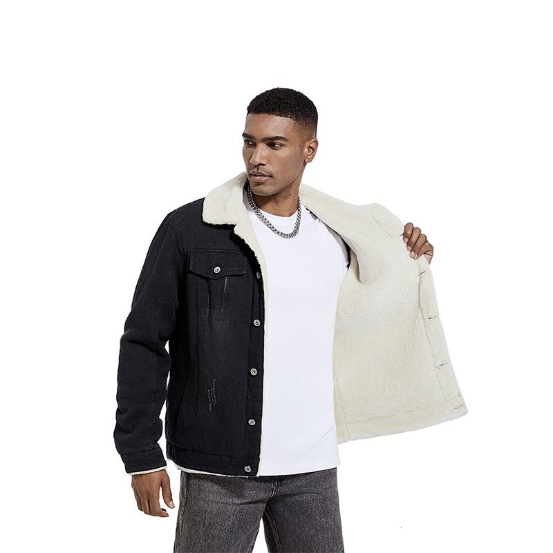 American casual retro mens denim jacket winter wool thick warm windproof fashion lapel 240824