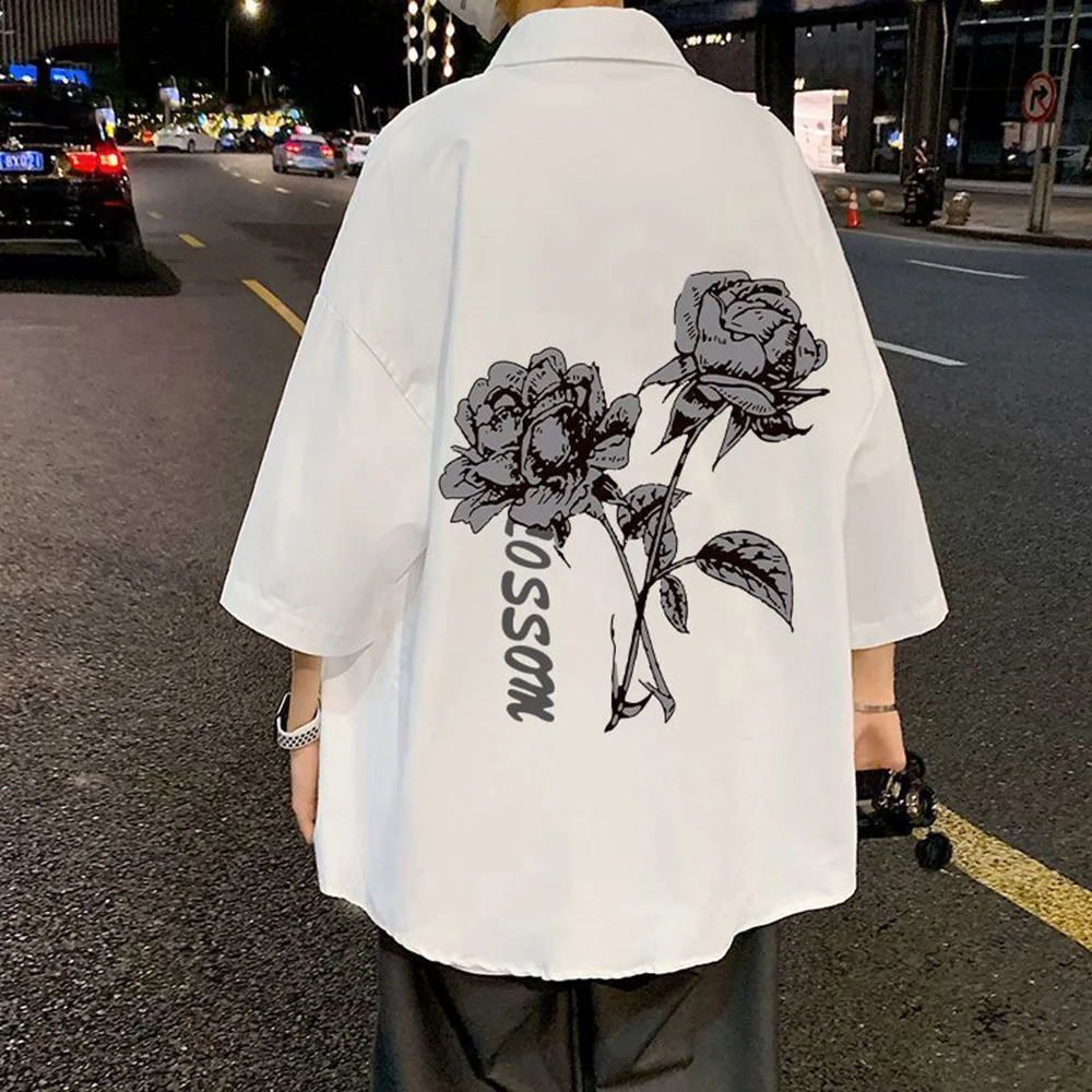 Shirt Summer Retro Rose Print Short Sleeve Shirt American Vintage Streetwear Youth Trend Casual All-Match MenS Top Clothes 2024 240824