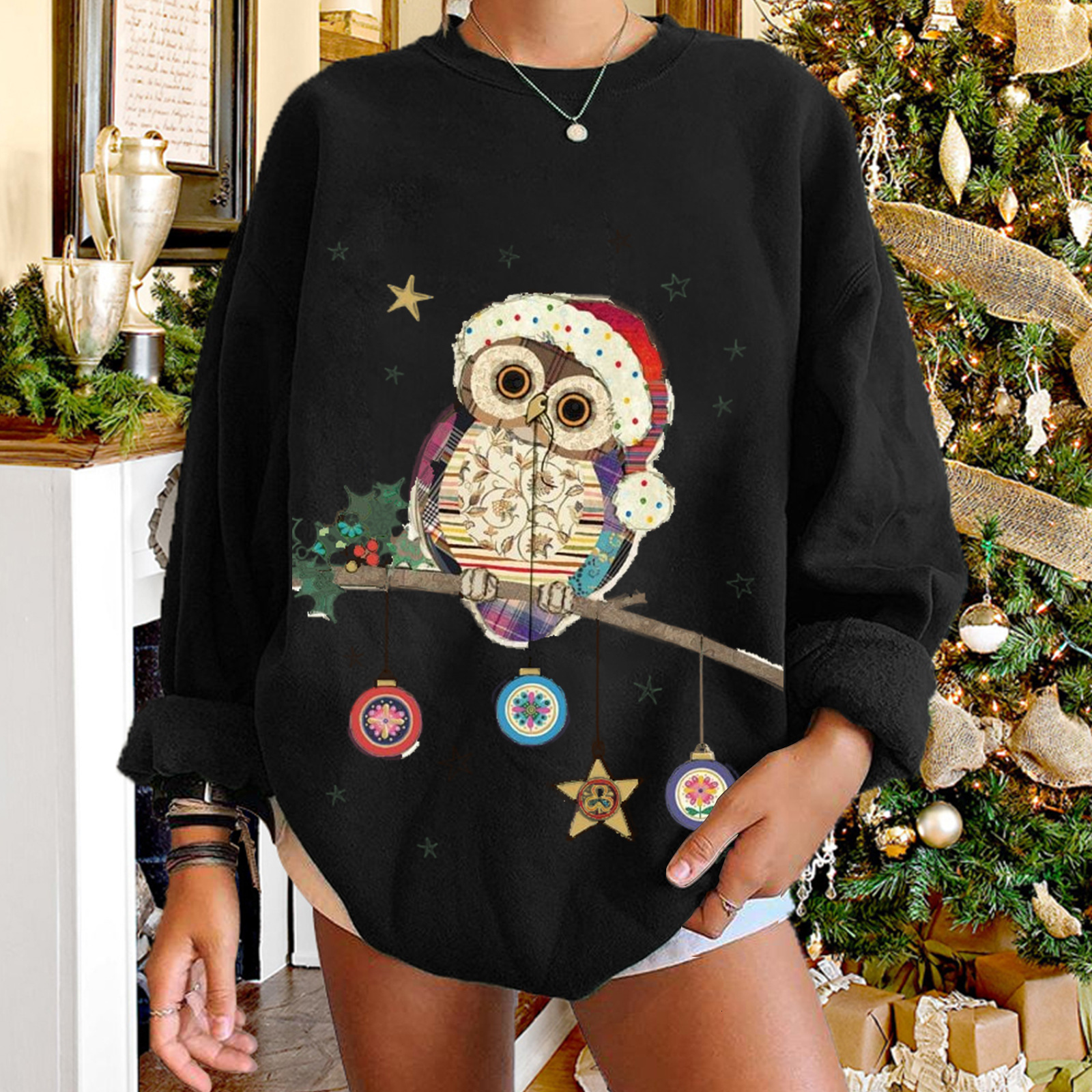 Owl Animal Ins Wind Printed Women's Falling Shoulder Large Round Neck Fleece Hoodie Women dongdumaoyi