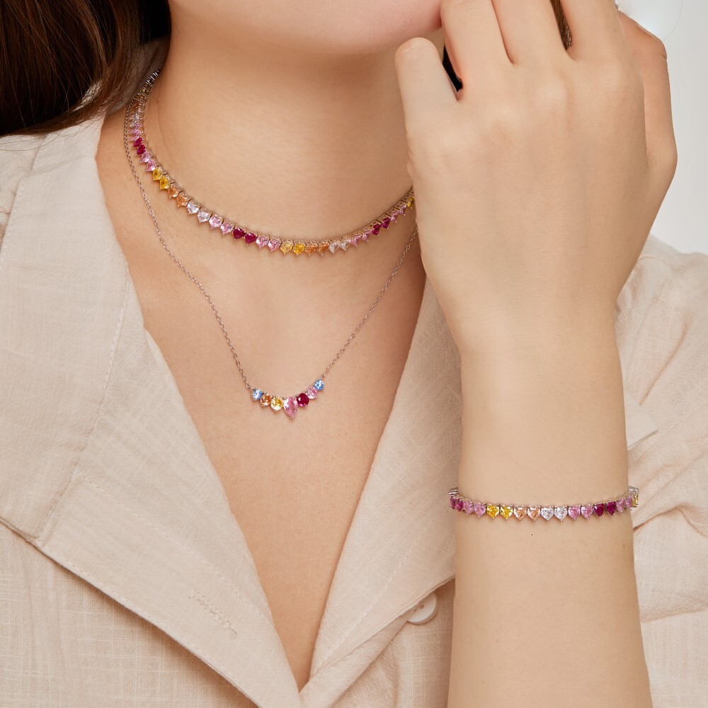 Japanese and Korean new S pure sier women's collarbone chain color zirconium inlaid geometric love sun butterfly pendant female decoration