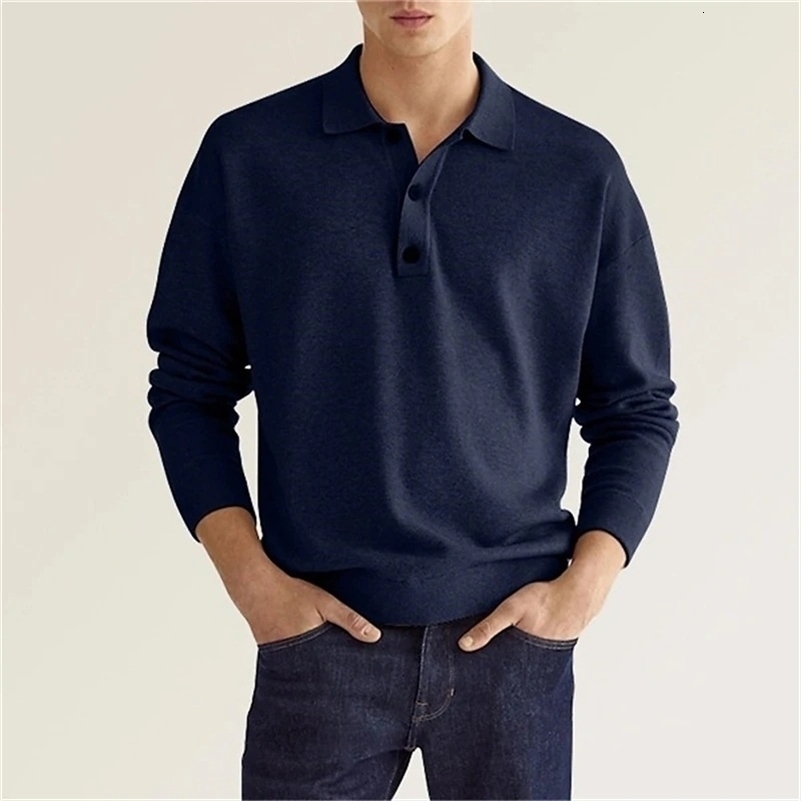 Summer solid color breathable casual Mens Polo shirt long sleeve loose business T-shirt Mens Fashion clothing 240824