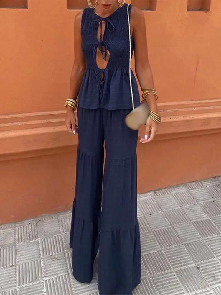 Women Fashion Casual Spliced Wide Leg Pleated Pants Set Chic Hollow Out Lace Up Flare Hem Shirt Suit Lady Holiday Elegant Outfit 240824