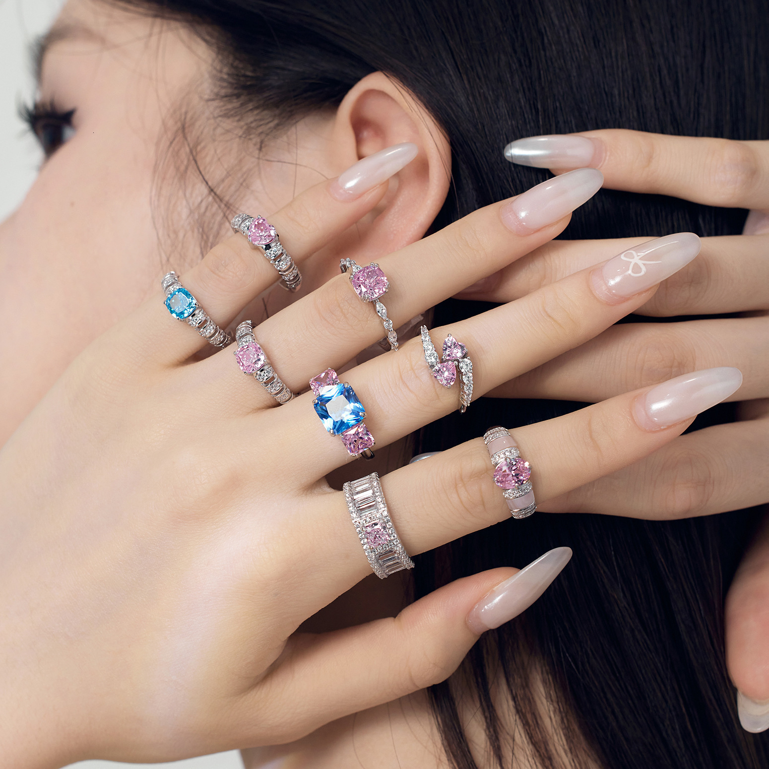 S pure sier ring, women's high-end feeg, blue pink ice wer cut zircon fashionable geometric heart ring
