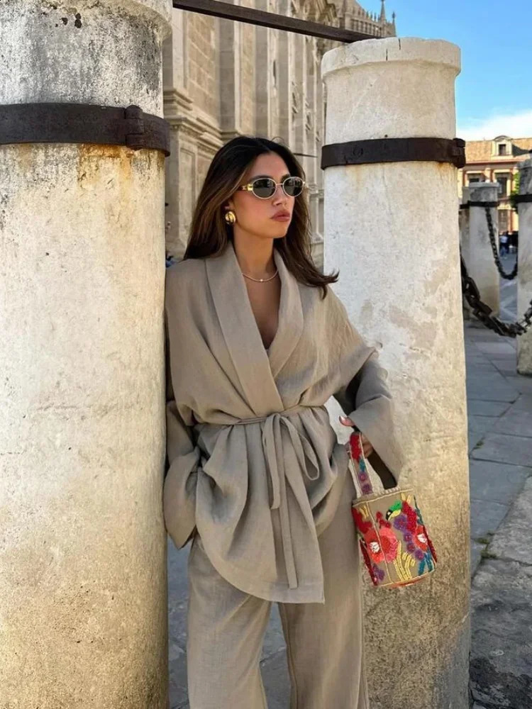 Casual Lace Up Shirt Pants Set Women Solid Lapel Long Sleeve Shirts Chic Female Suit Spring Loose Drawstring Wide Leg Sets 240826