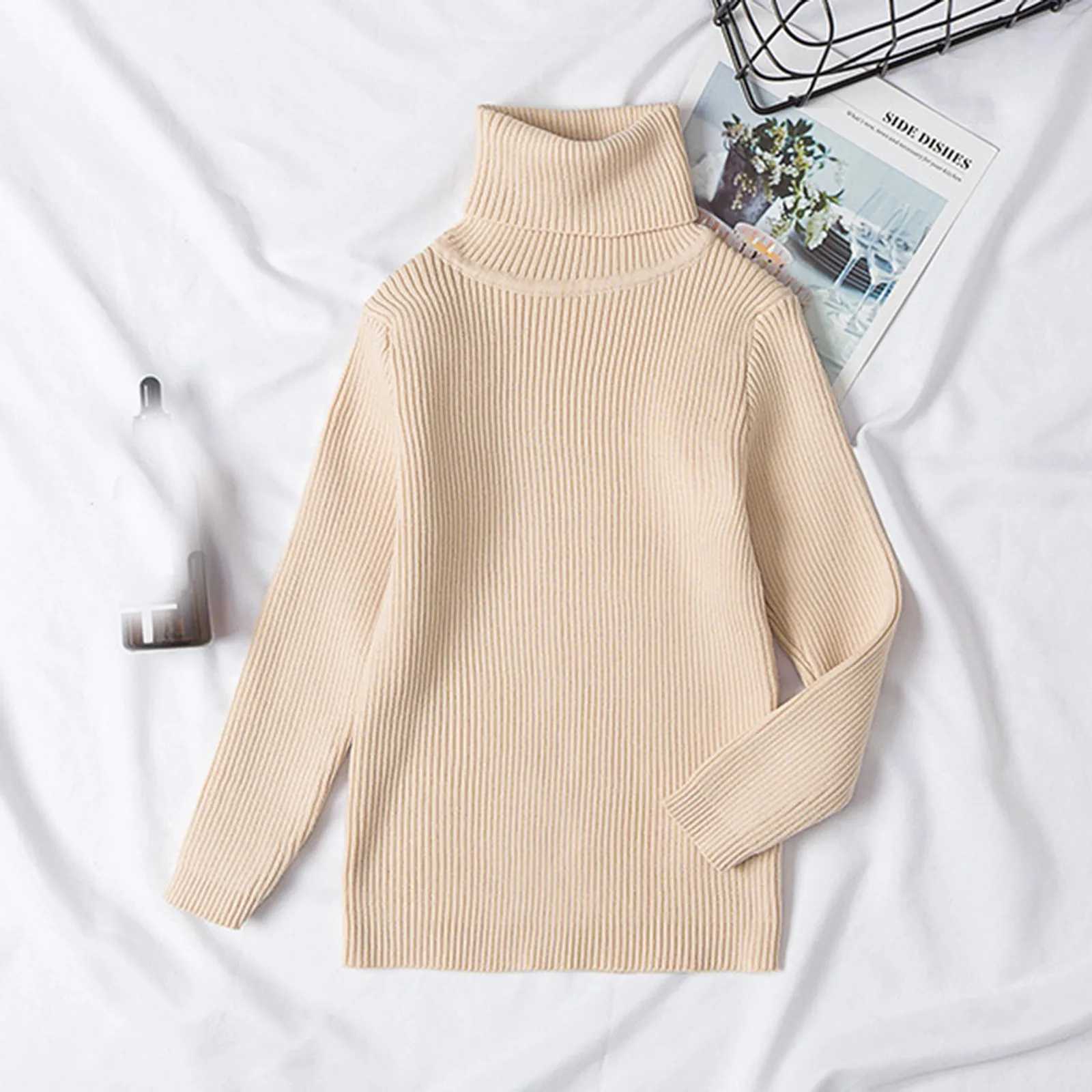 Childrens solid color knitted bottom sweater with floral pattern childrens clothing for autumn and winter new baby boys and girls turtle neck sweaterW