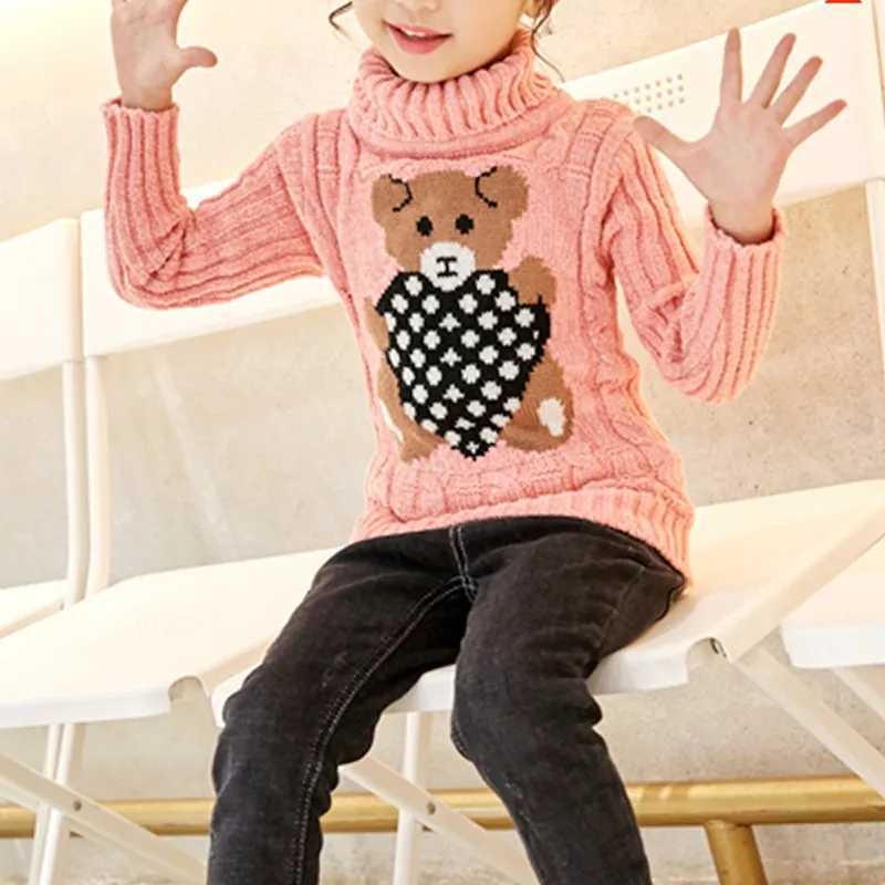 1-8 years warm and cute winter boys and girls sweater cartoon bear knit bottom turtle neck childrens birthday gift sweaterW240824