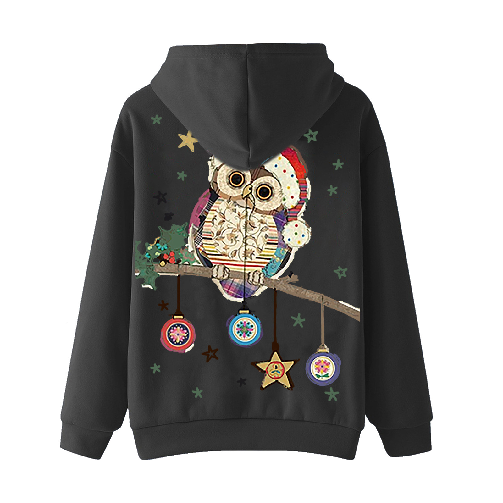 New Christmas hoodie for women with loose fleece hooded sweatshirt and owl print jacket dongdumaoyi