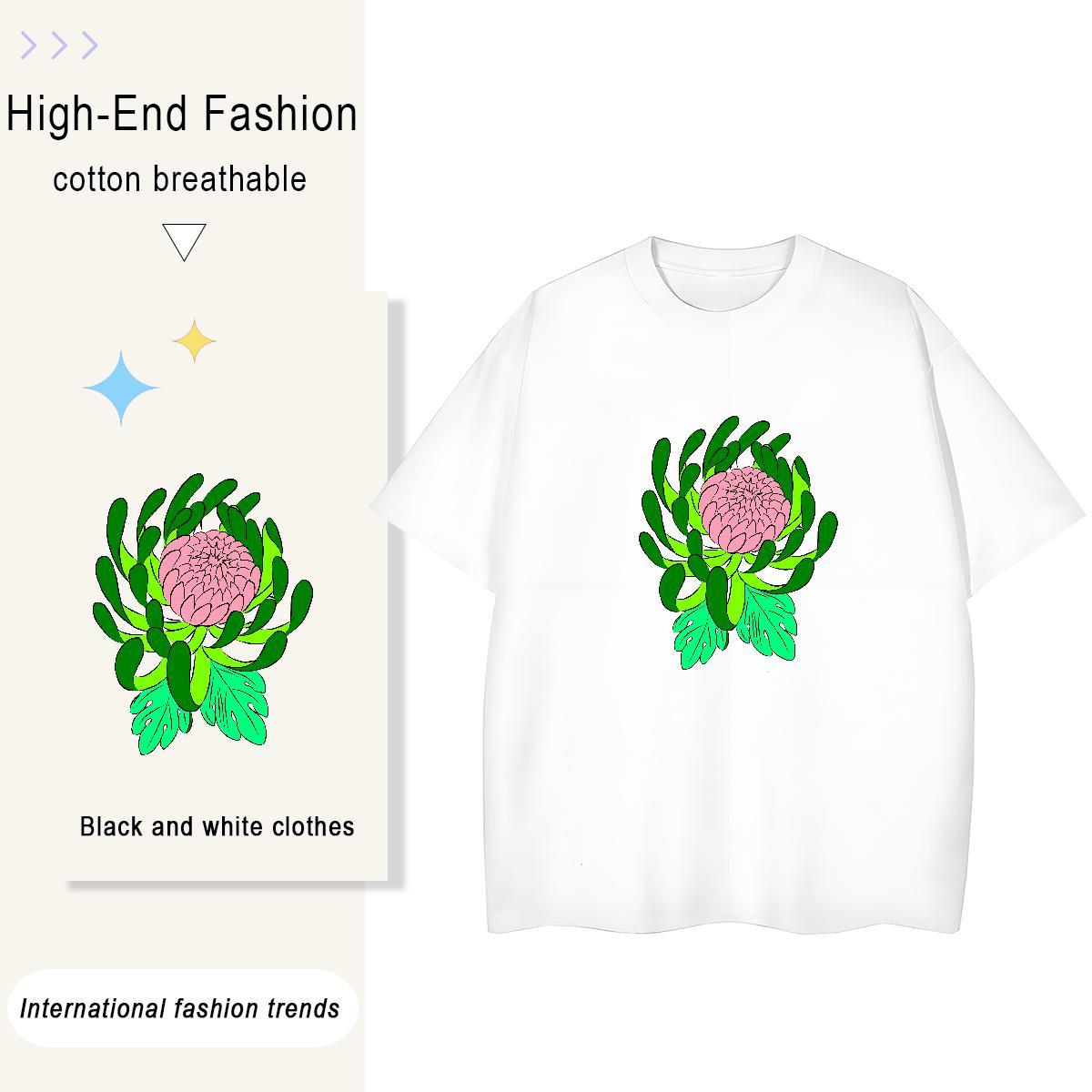Female Woman Tshirt 230g 100% Cotton painting Casual Woman T Shirts Short Sleeve O-Neck Cartoon Floral Printing Top Tees
