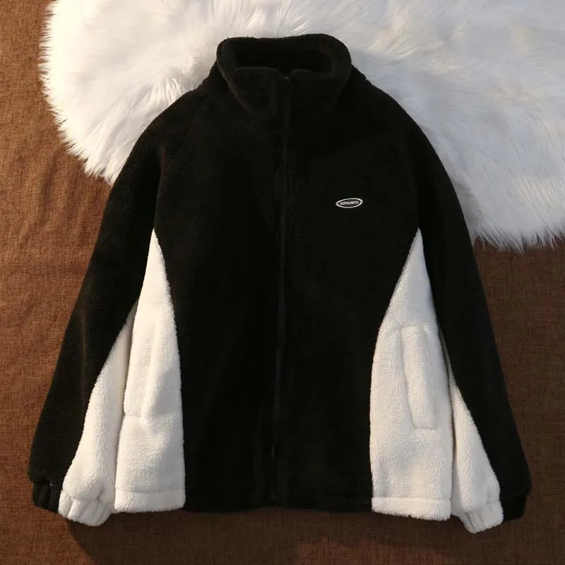 Autumn and Winter Oversized Thick Warm Contrast Color Lambwool Jacket Long Sleeve Loose Casual Faux Fur Coat Men Q03 240826