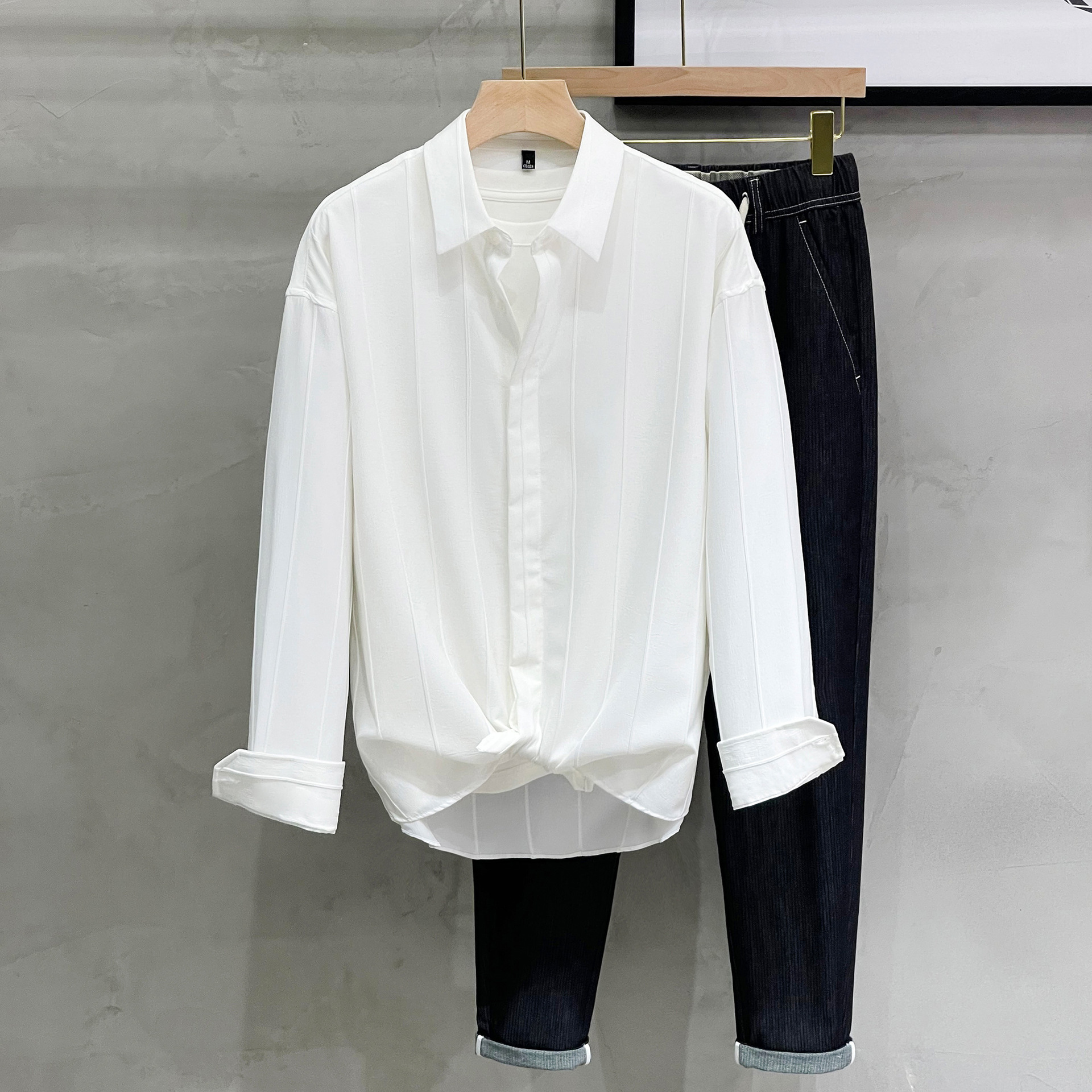 Texture Dark Stripe Light Mature Mens High-end Mens Shirt Business Casual Mens Loose Spring and Autumn Long Sleeved Shirt