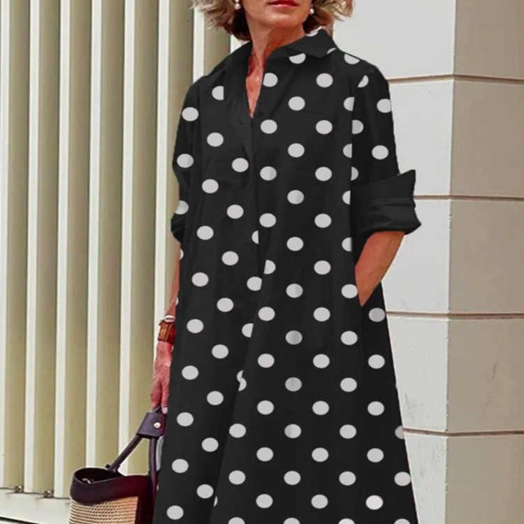 Autumn New Product Fashionable Temperament Wave Dot Printed Shirt Collar Long Sleeve Medium Length Dress
