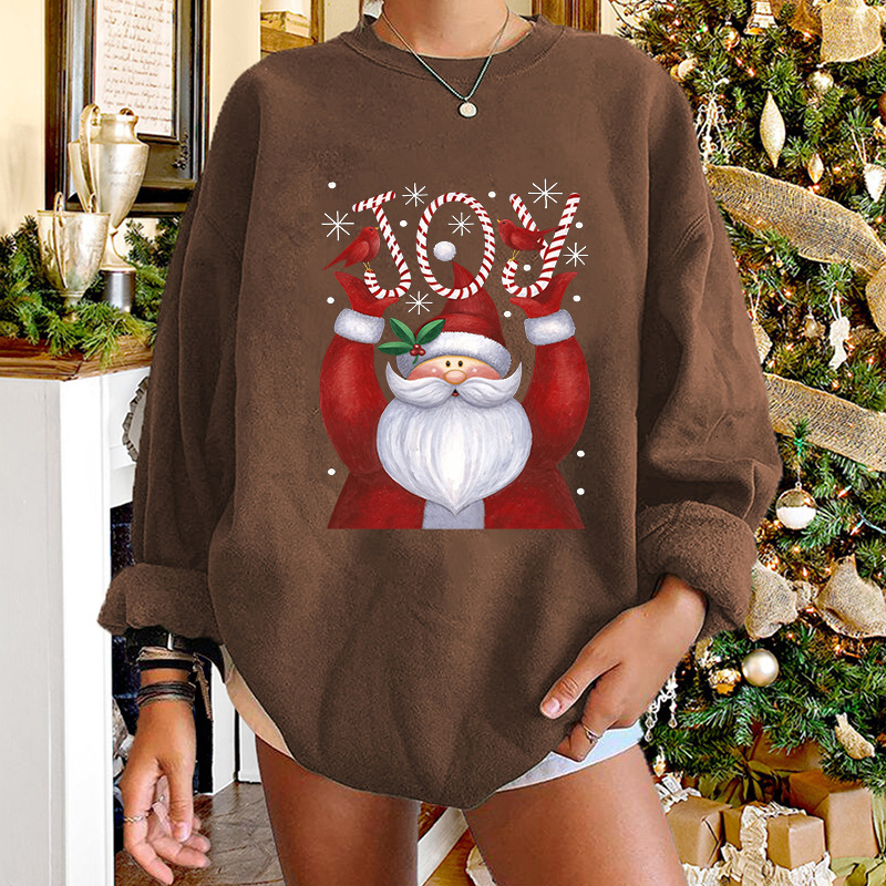 New JOY letter Santa Claus printed on women's shoulders, oversized round neck fleece hoodie for women dongdumaoyi