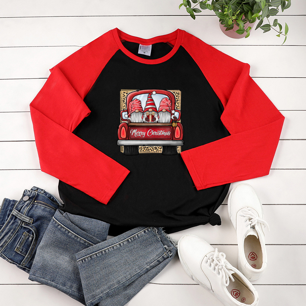 Christmas style shoulder length long sleeved new product with three Santa Claus driving print, early autumn contrasting top dongdumaoyi