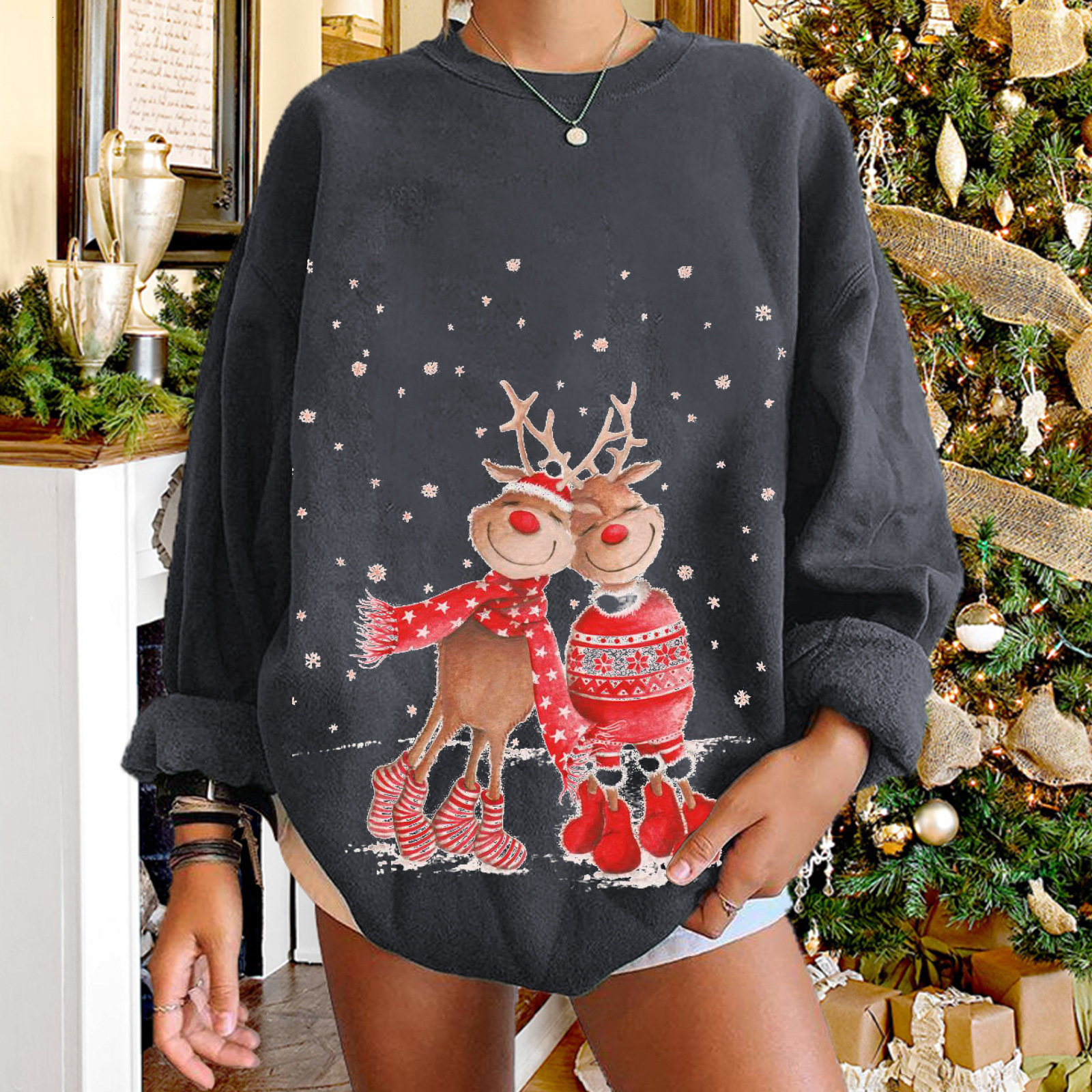 cute reindeer hoodies with printed women's shoulder down, plus size round neck fleece hoodie for women dongdumaoyi