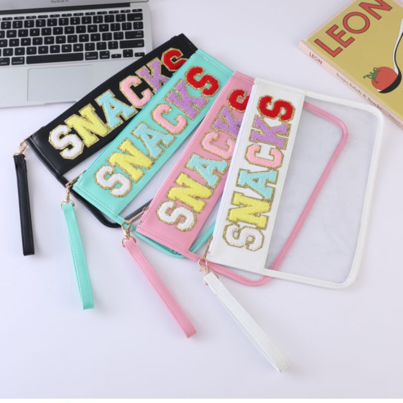 Alphabet Patched Pvc Bag, Stylish Snack Storage Bag, Transparent Zippered Travel Cosmetic Pouch